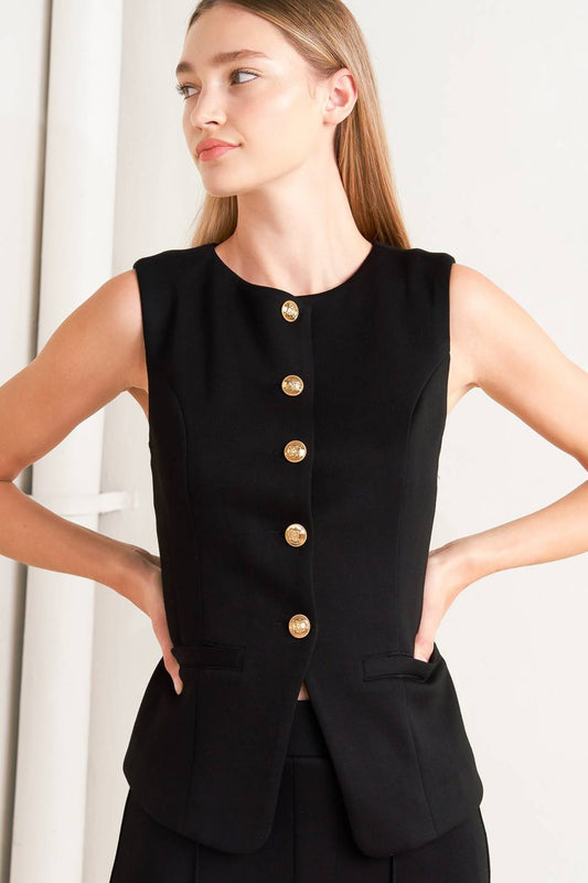 Glossy Glam Black Woven Vest Black